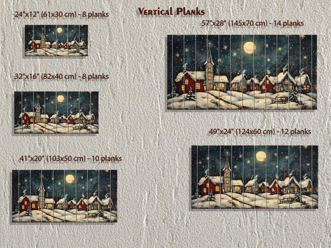 Rustic Christmas Moonlit Village Distressed Wood Wall Art