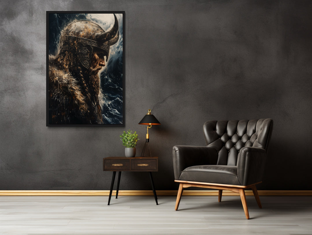 Viking On Ocean Background Framed Canvas Wall Art in a room with a chair