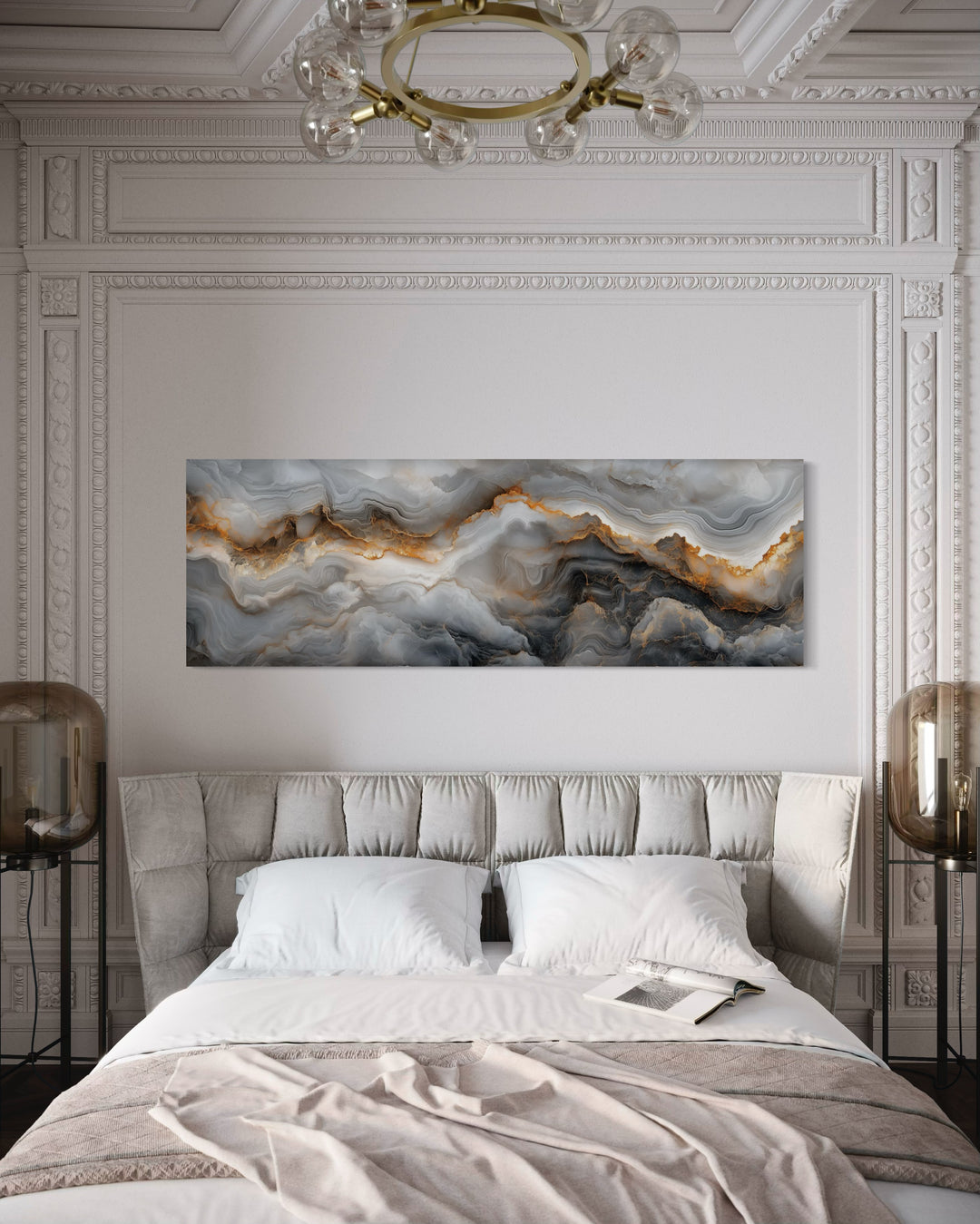 White Gold Black Marble Painting Long Narrow Canvas Wall Art