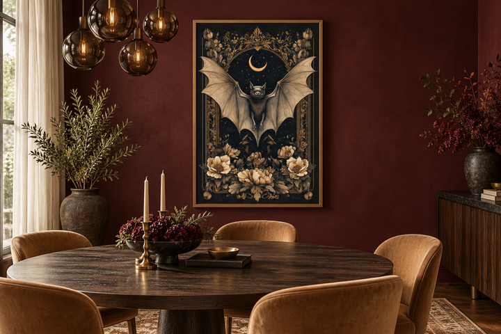 Gothic Moonlit Bat And Flowers Dark Academia Canvas Wall Art