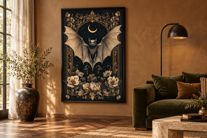 Gothic Moonlit Bat And Flowers Dark Academia Canvas Wall Art