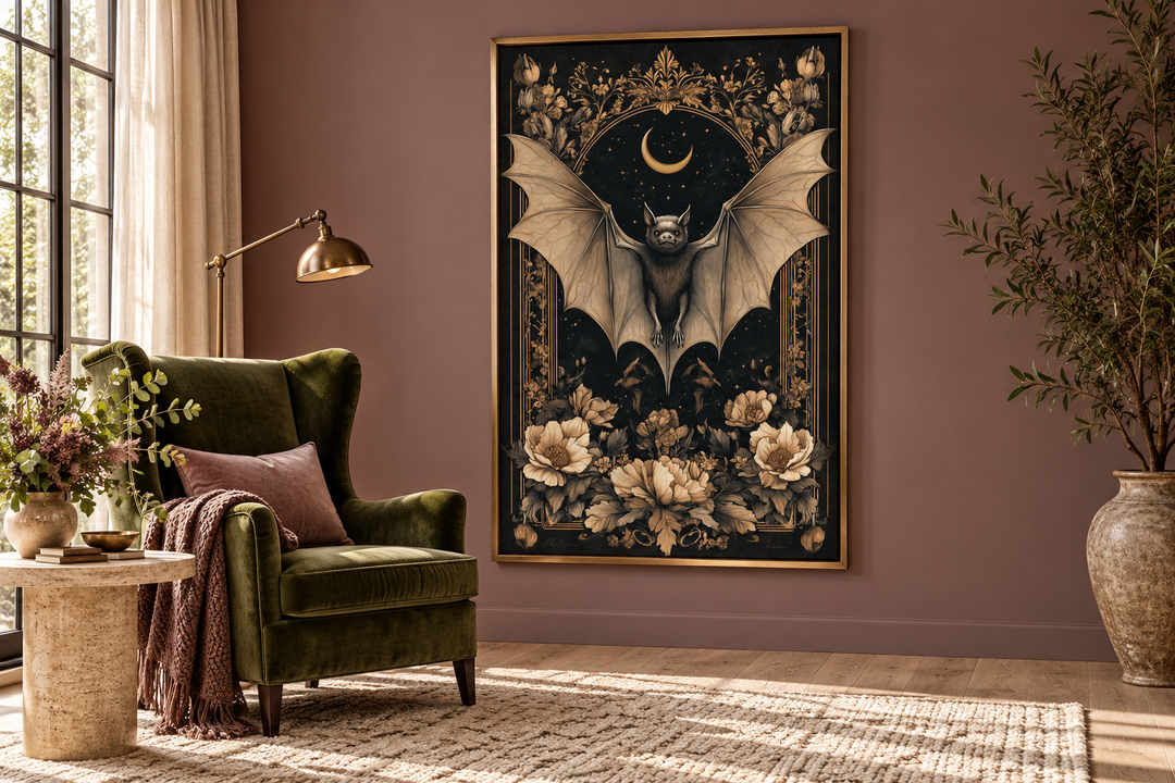 Gothic Moonlit Bat And Flowers Dark Academia Canvas Wall Art