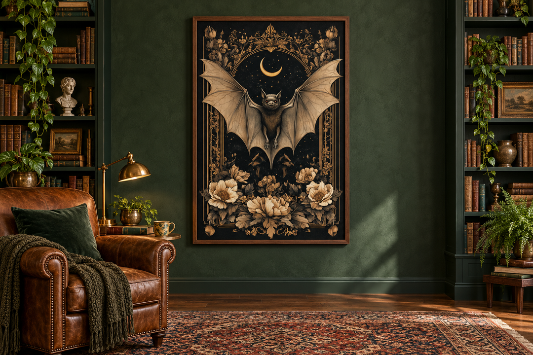 Gothic Moonlit Bat And Flowers Dark Academia Canvas Wall Art