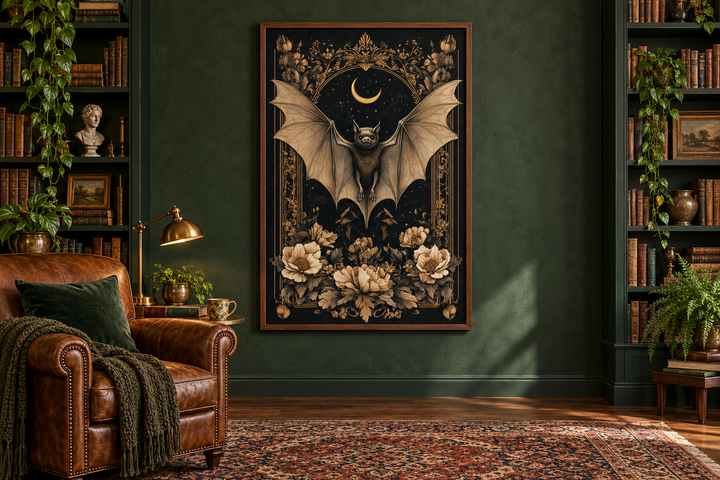 Gothic Moonlit Bat And Flowers Dark Academia Canvas Wall Art