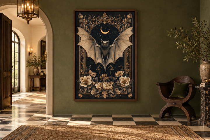 Gothic Moonlit Bat And Flowers Dark Academia Canvas Wall Art