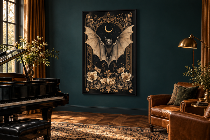 Gothic Moonlit Bat And Flowers Dark Academia Canvas Wall Art