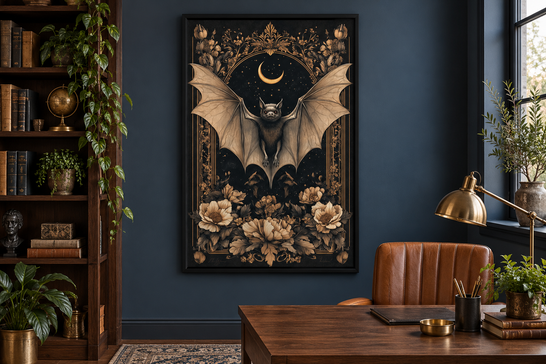 Gothic Moonlit Bat And Flowers Dark Academia Canvas Wall Art