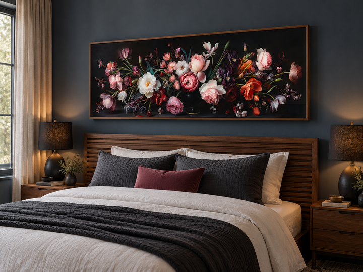 Moody dark flowers antique panoramic wall art hanging above a bed in a modern bedroom.