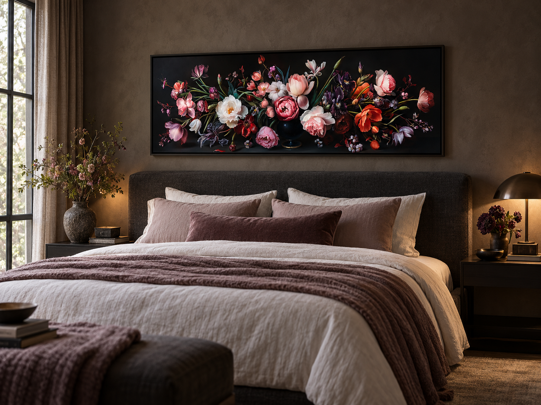 Moody dark flowers antique panoramic wall art hanging above a bed in a modern bedroom.