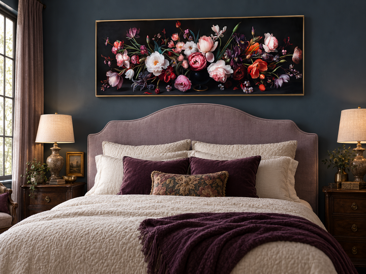 Panoramic wall art of moody dark flowers in a gold frame above a bed with purple accents.