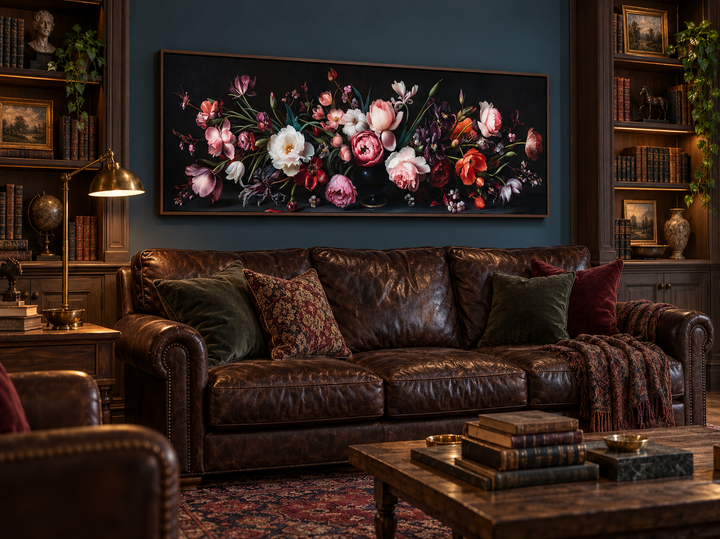 Panoramic wall art of moody dark flowers in a vintage library above a brown leather couch.