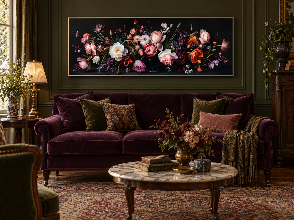 Panoramic wall art of moody antique flowers in a gold frame above a purple velvet couch.