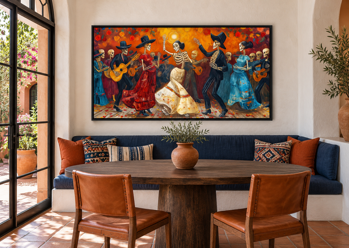 Dia De Los Muertos wall art featuring dancing skeletons in a vibrant Mexican folk art style.