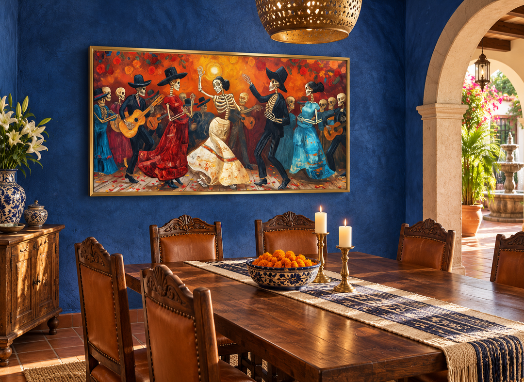 Dia De Los Muertos canvas wall art featuring dancing skeletons in a vibrant Mexican folk art style.