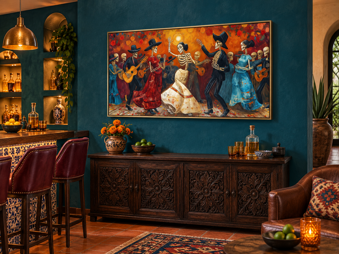 Dia De Los Muertos canvas wall art featuring dancing skeletons in a vibrant Mexican folk art style.