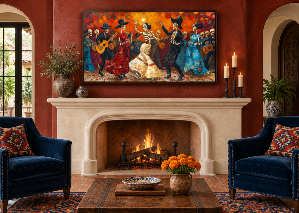 Dia De Los Muertos canvas art featuring dancing skeletons above a fireplace in a cozy living room.