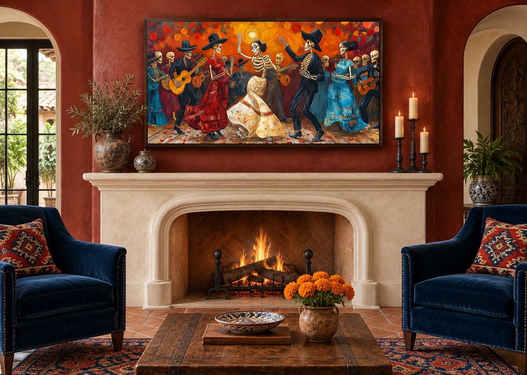 Dia De Los Muertos canvas art featuring dancing skeletons above a fireplace in a cozy living room.