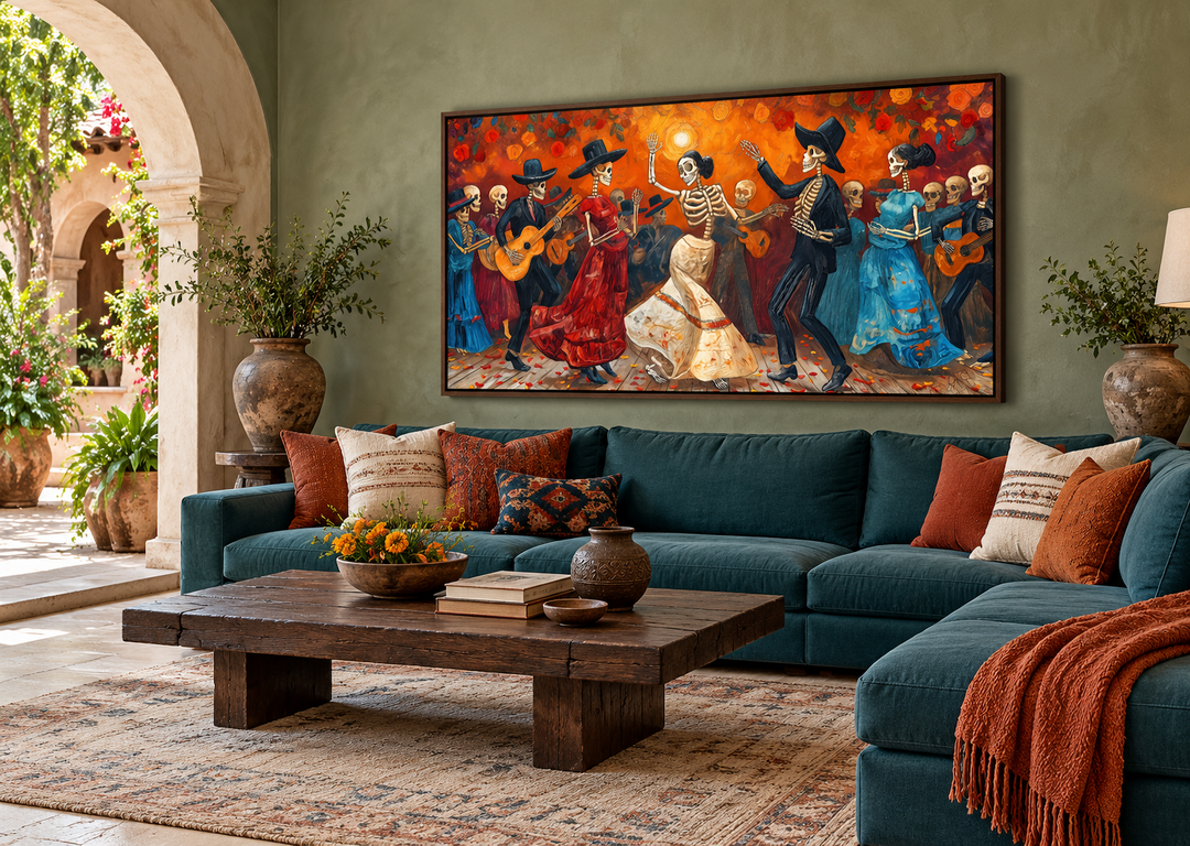 Vibrant Dia De Los Muertos canvas art featuring dancing skeletons in a festive Mexican scene.