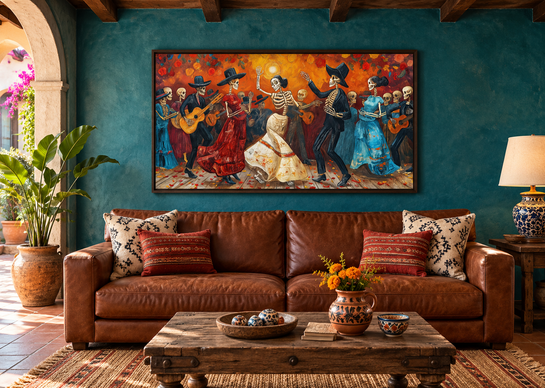 Vibrant Dia De Los Muertos canvas art showing skeletons dancing in a festive Mexican folk style.