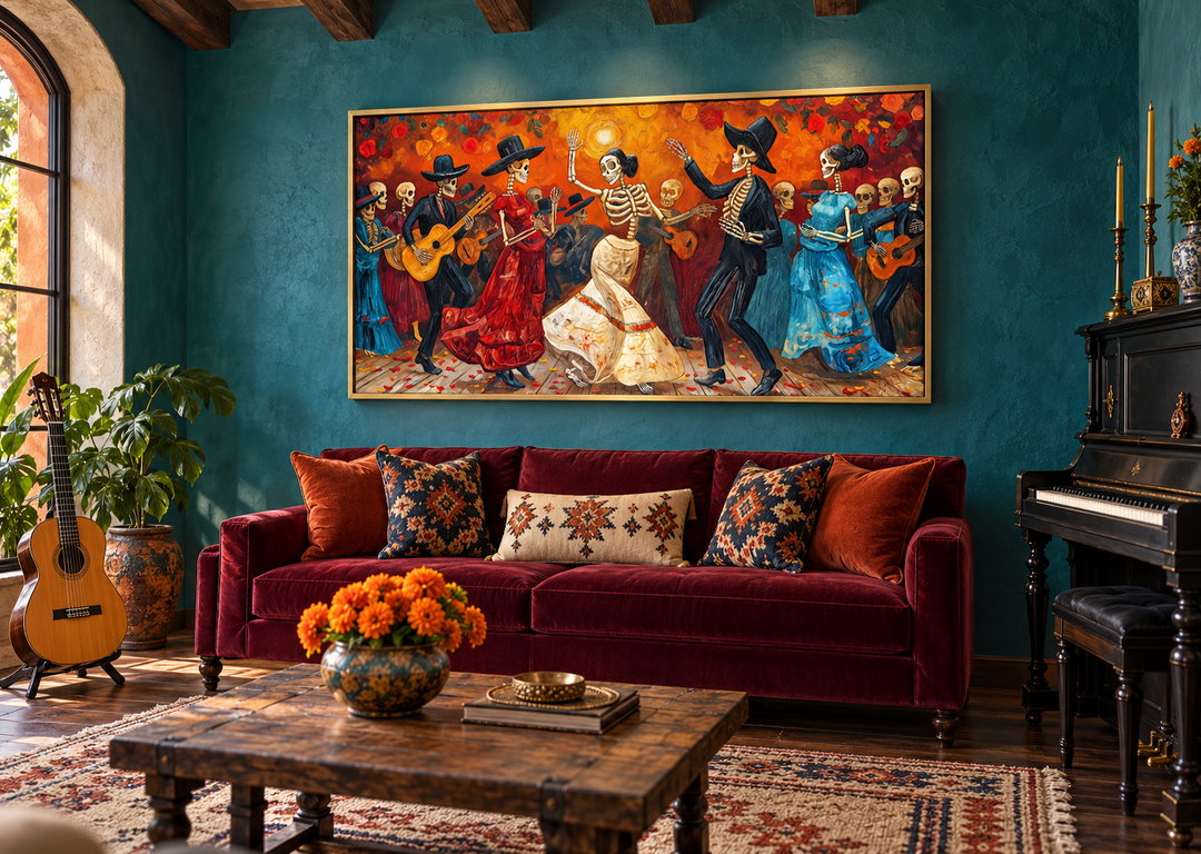 Vibrant Dia De Los Muertos canvas art featuring dancing skeletons in a gold frame on a teal wall.