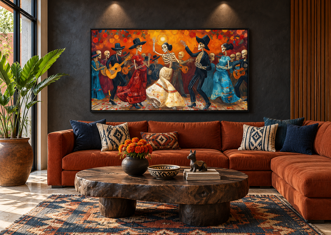 Vibrant Dia De Los Muertos canvas art featuring dancing skeletons in a modern living room.