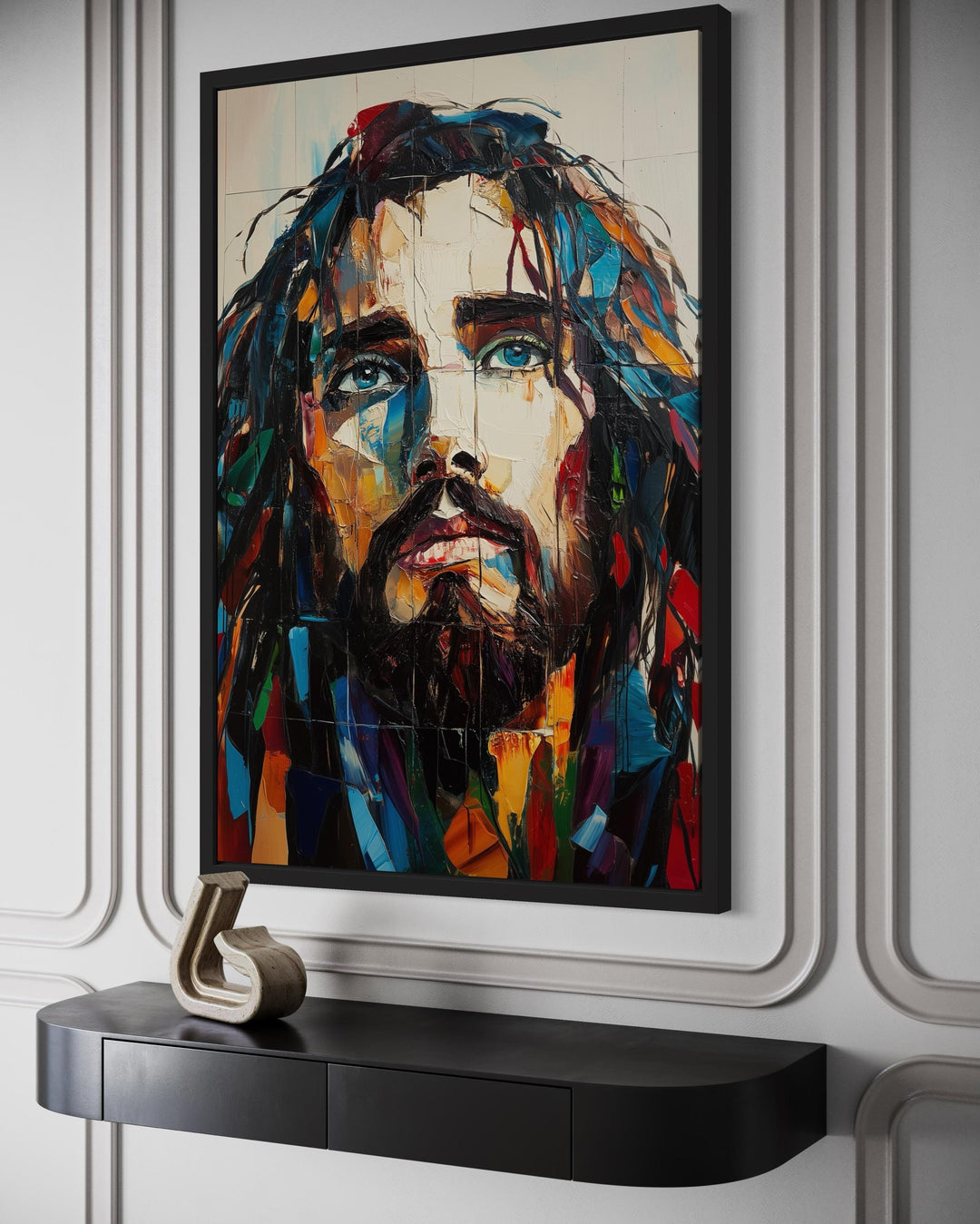 Modern Jesus Canvas Art – Abstract Colorful Christian Wall Decor with Floating Frame