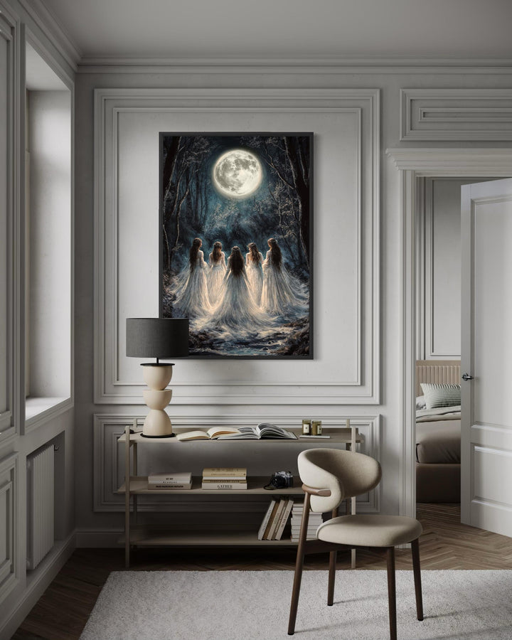 Vertical canvas print of five witches in white gowns under a full moon in a dark forest.