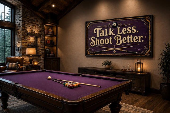 Talk Less Shoot Better Vintage Pool Hall Sign with Crossed Cues and 8-Ball, Purple Gold Billiards Wall Art