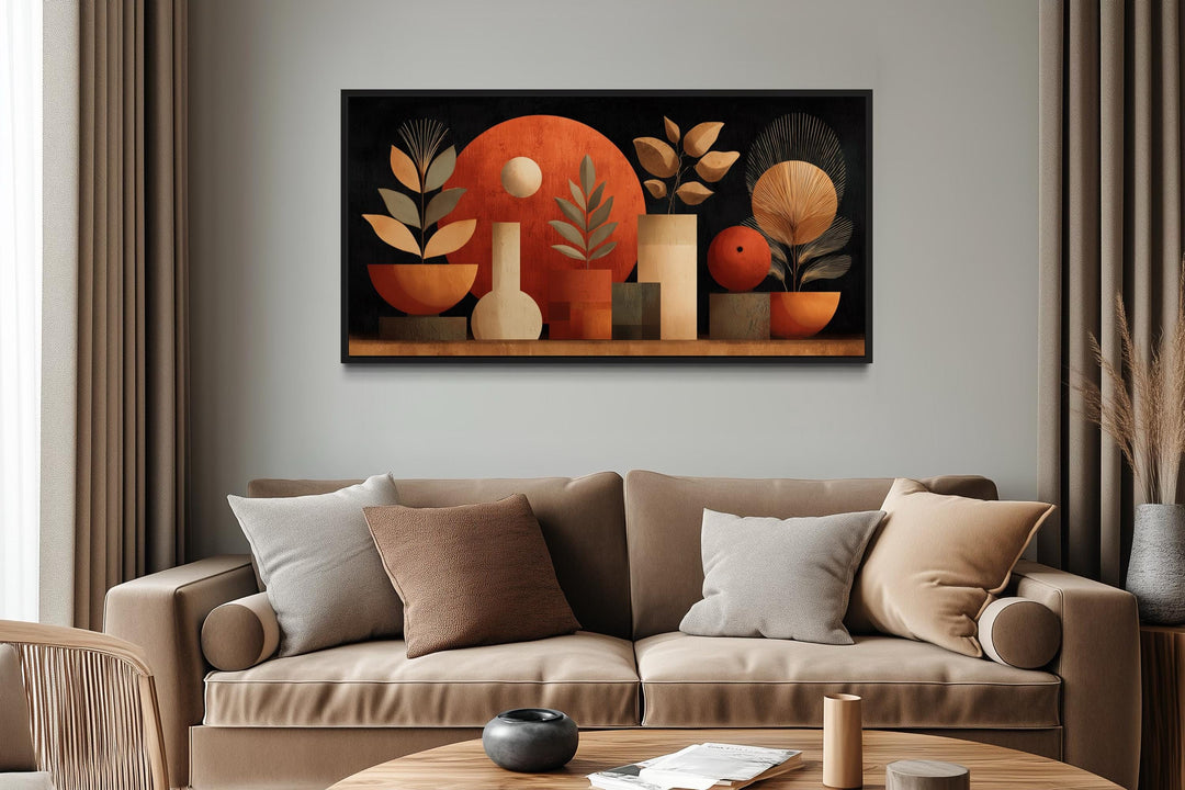 Boho Terracotta Wall Art - Abstract Canvas Print with Vases and Leaves for Neutral Decor