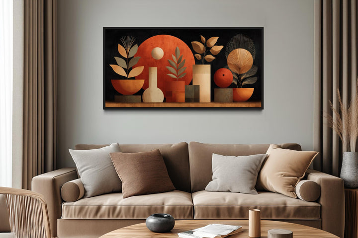Boho Terracotta Wall Art - Abstract Canvas Print with Vases and Leaves for Neutral Decor