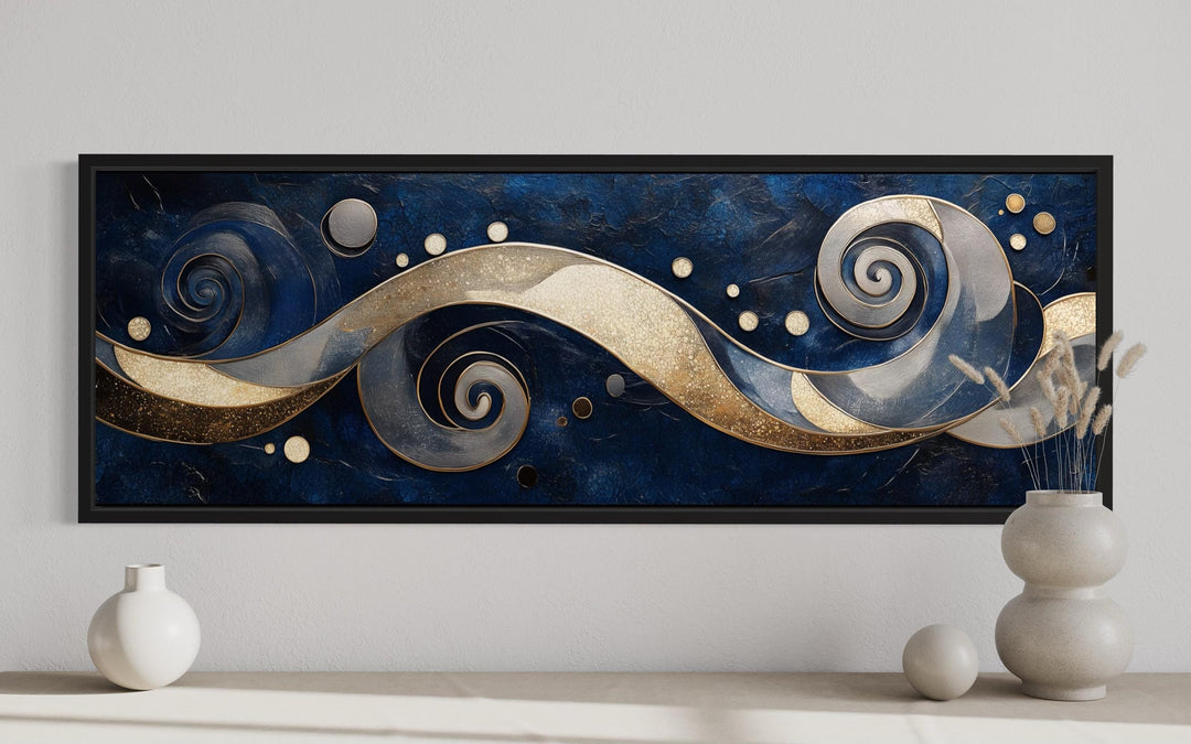 Navy and Gold Abstract Swirl Canvas Art - Elegant Galaxy-Inspired Horizontal Print for Modern Living Room Decor