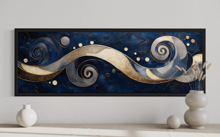 Navy and Gold Abstract Swirl Canvas Art - Elegant Galaxy-Inspired Horizontal Print for Modern Living Room Decor