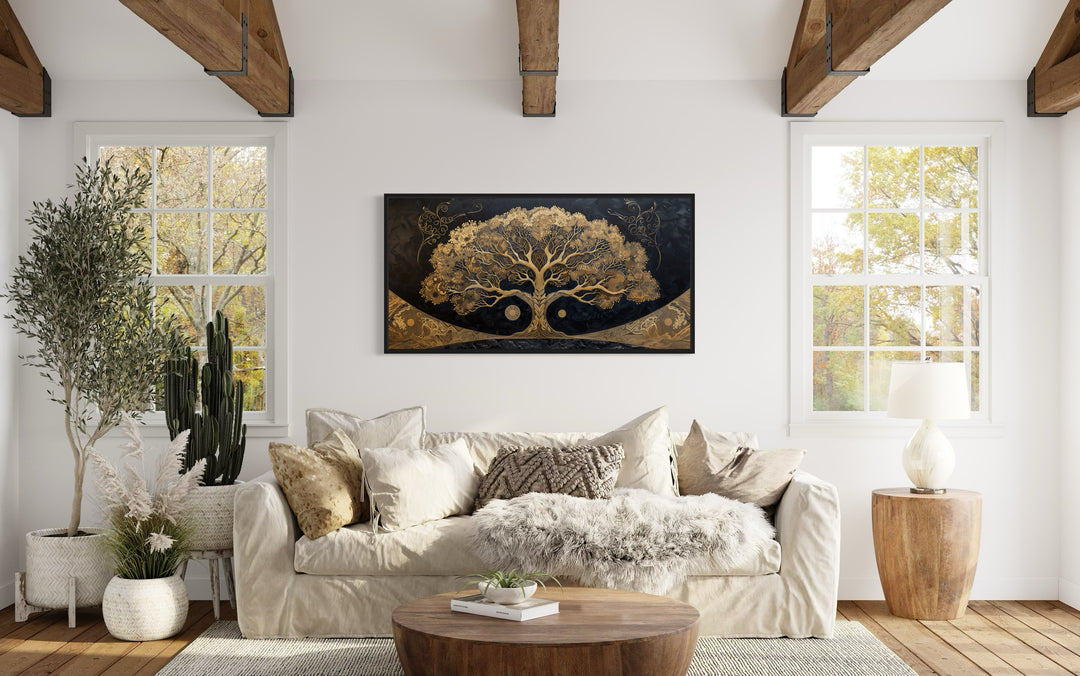 Golden Tree of Life on Black Background Canvas Wall Art in living room