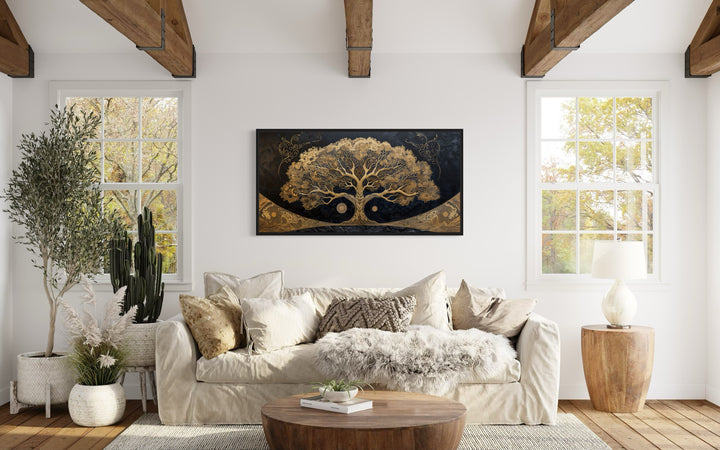 Golden Tree of Life on Black Background Canvas Wall Art in living room