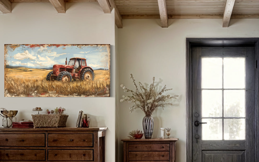 Vintage Old Red Tractor In The Wheat Field Rustic Canvas Wall Art in living room