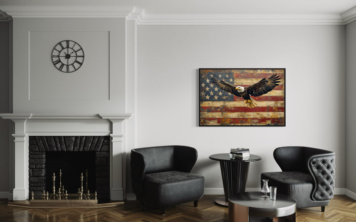 Bald Eagle And American Flag Framed Canvas Wall Art in the office