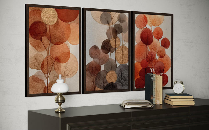 Abstract Botanical Wall Art Set of 3 – Warm Autumn Tones Canvas Prints, Burnt Orange and Beige Leave