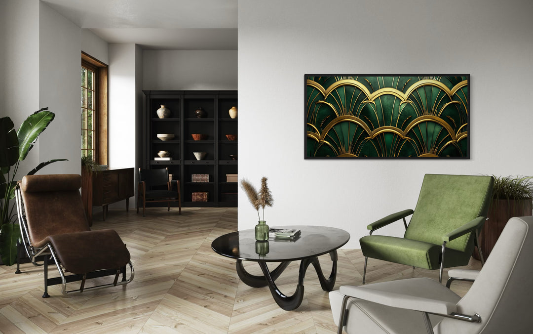 Green Gold Art Deco Horizontal Framed Canvas Wall Art in a living room filled with furniture