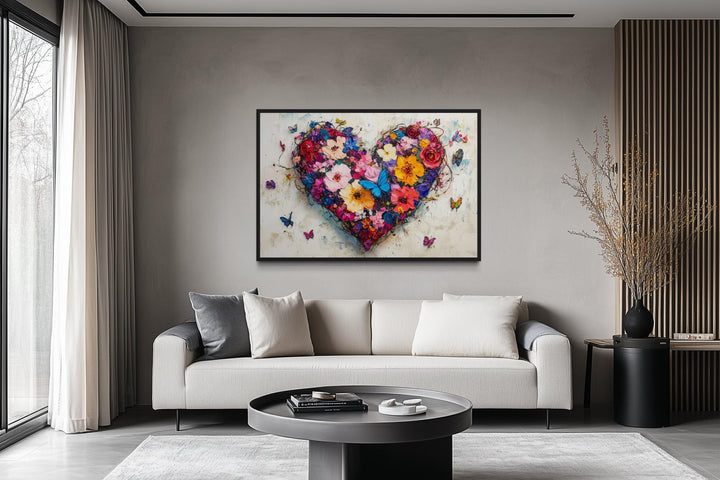 Pink Floral Heart With Butterflies Wall Art - Colorful Romantic Graffiti Canvas Print For Living Room Or Bedroom