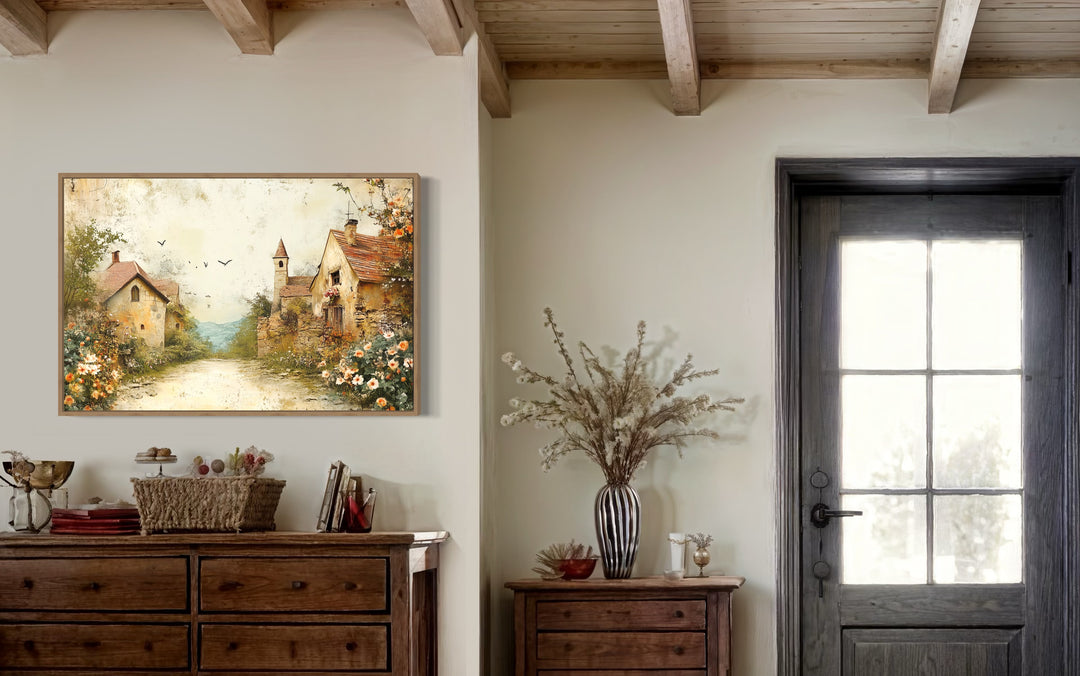 Rustic Charming Countryside Cottage And Floral Garden Canvas Wall Art in a room with a dresser