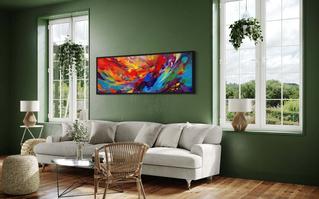 Colorful Red Blue Abstract Painting Long Narrow Framed Canvas Wall Art in green living room