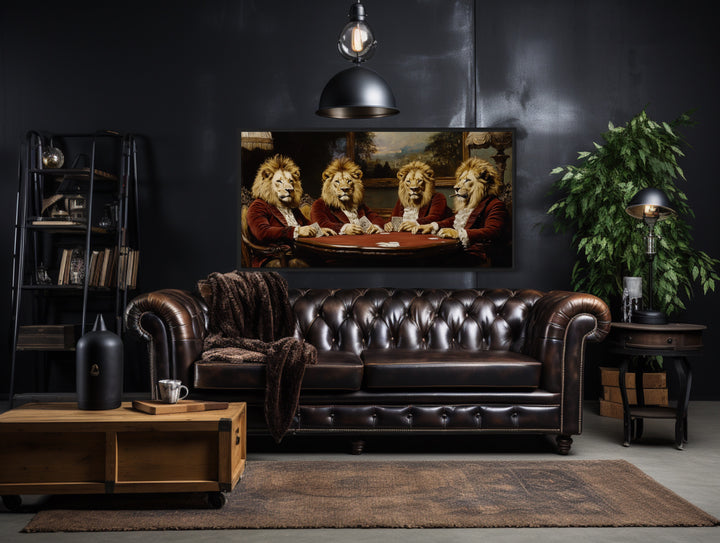 Lions In Suits Playing Poker Smoking Cigars Man Cave Framed Canvas Wall Art in man cave