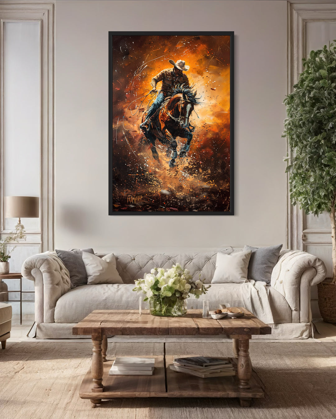 Rodeo Cowboy Riding Bucking Bronco Western Canvas Wall Art above beige couch