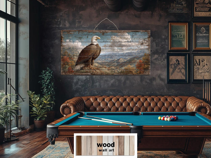 Rustic Bald Eagle Mountain Landscape Distressed Wood Wall Art