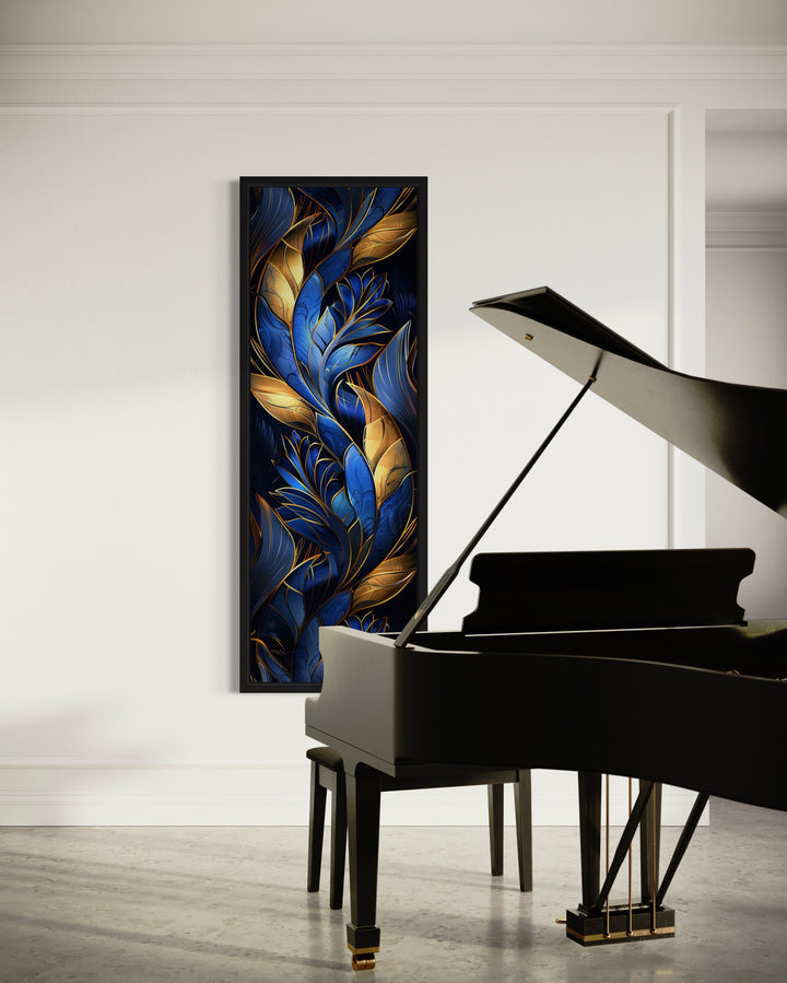 Tall Narrow Navy Blue Gold Art Deco Framed Canvas Wall Art in music room