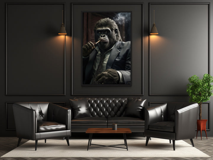 Gangster Gorilla Smoking Cigar Framed Canvas Wall Art For Men in man cave