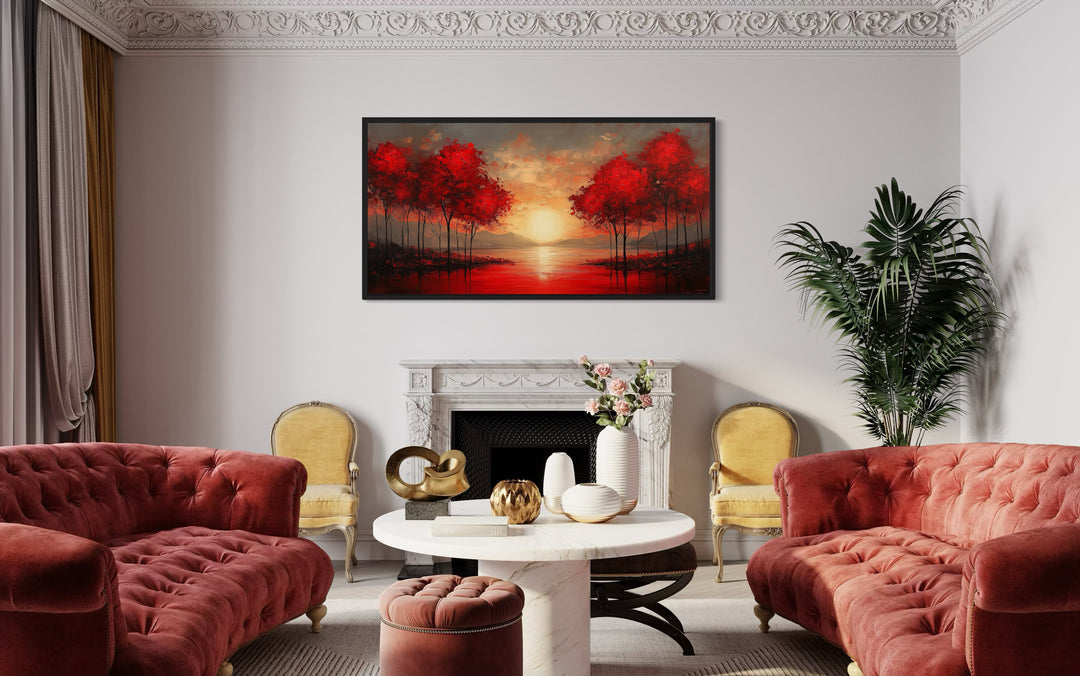 Red Trees At Sunrise Framed Canvas Wall Art For Red Walls above fireplace