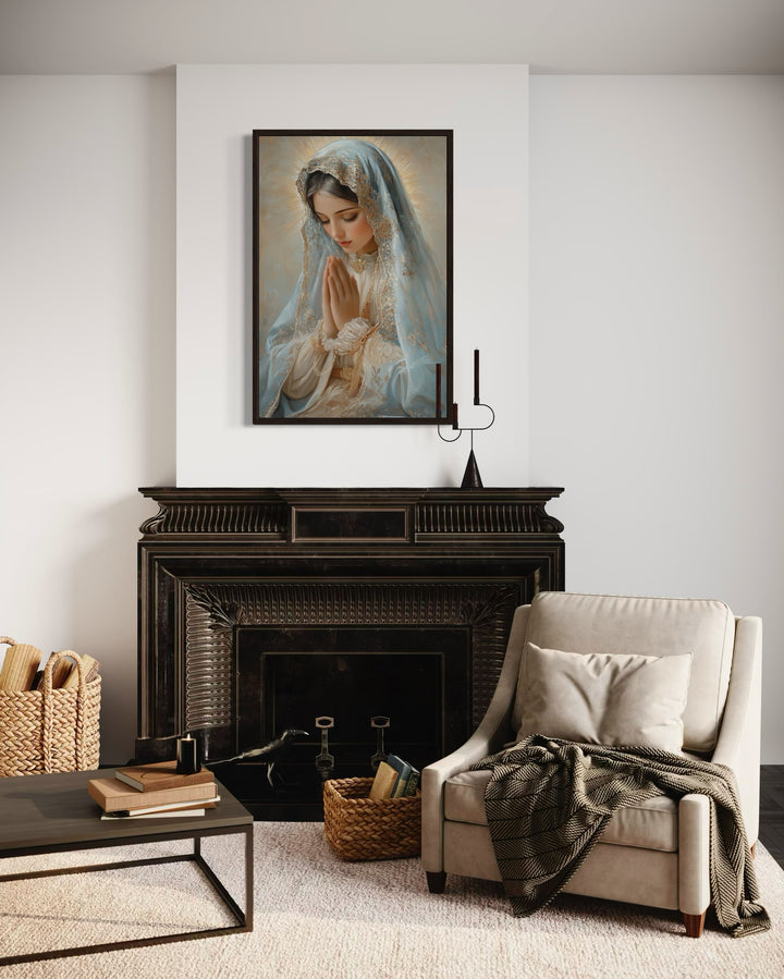 Virgin Mary Praying Framed Christian Canvas Wall Art above mantel