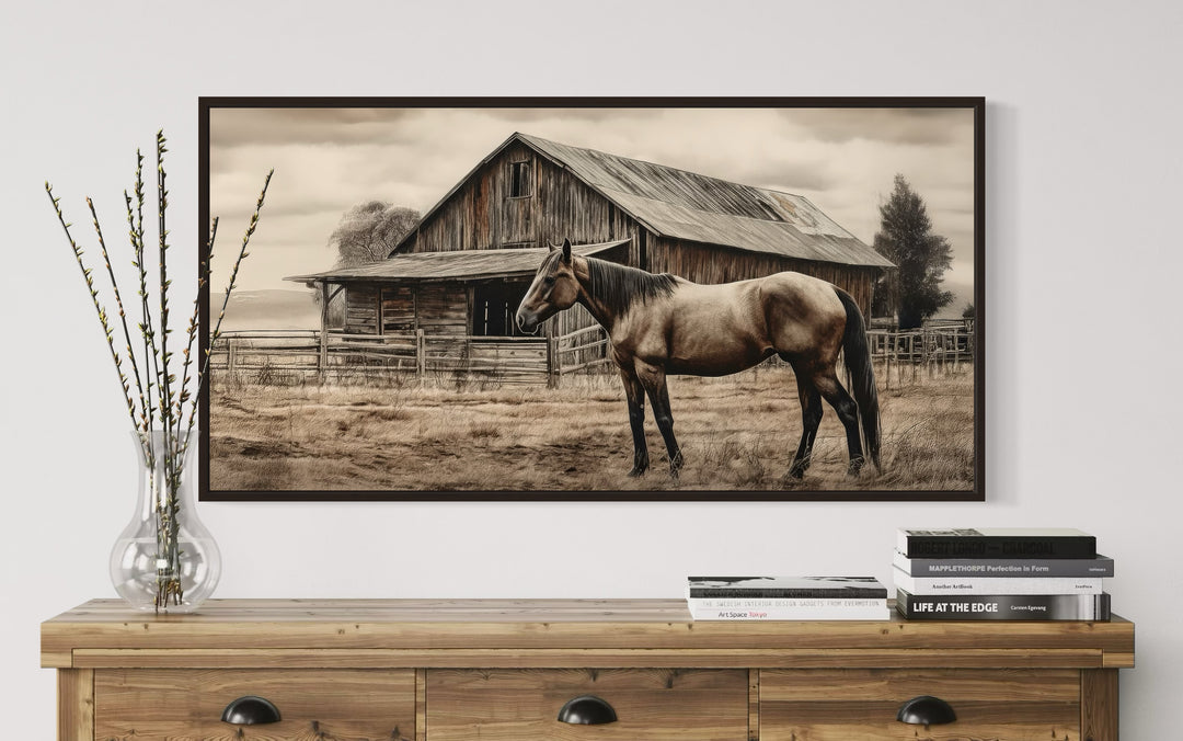 Farm Horse Near Old Barn Rustic Farmhouse Canvas Wall Art close up