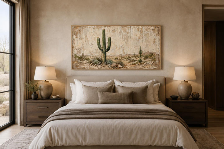 Saguaro cactus canvas wall art on a weathered wood background above a bed in a neutral bedroom.
